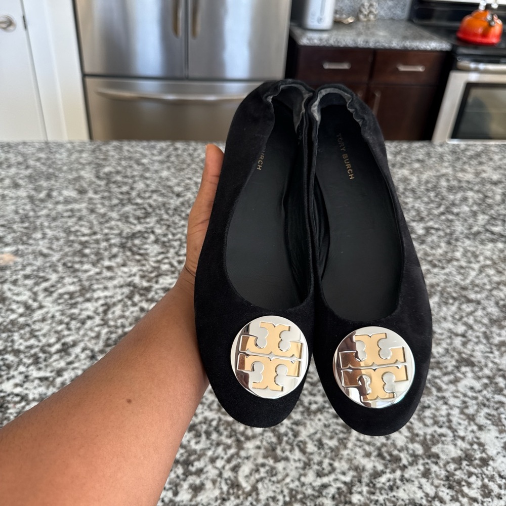 Tory Burch Black Flats with Gold Emblem